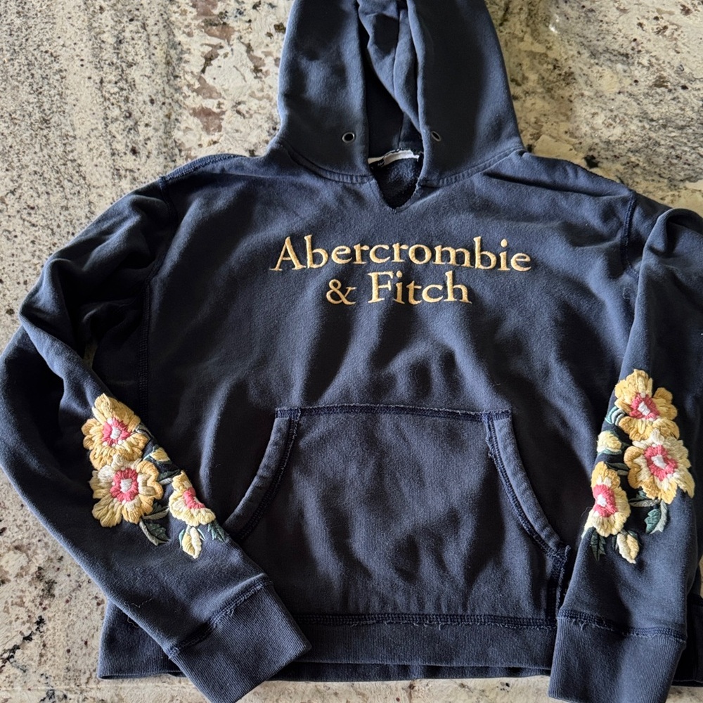 Abercrombie & Fitch Navy Blue Hoodie with Embroidered Floral Details